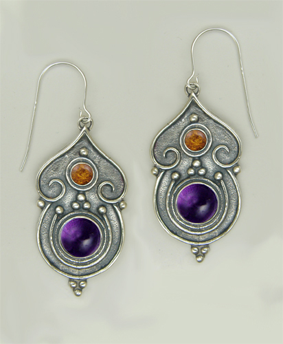 Sterling Silver Gothic Inspired Drop Dangle Earrings With Amethyst And Amber